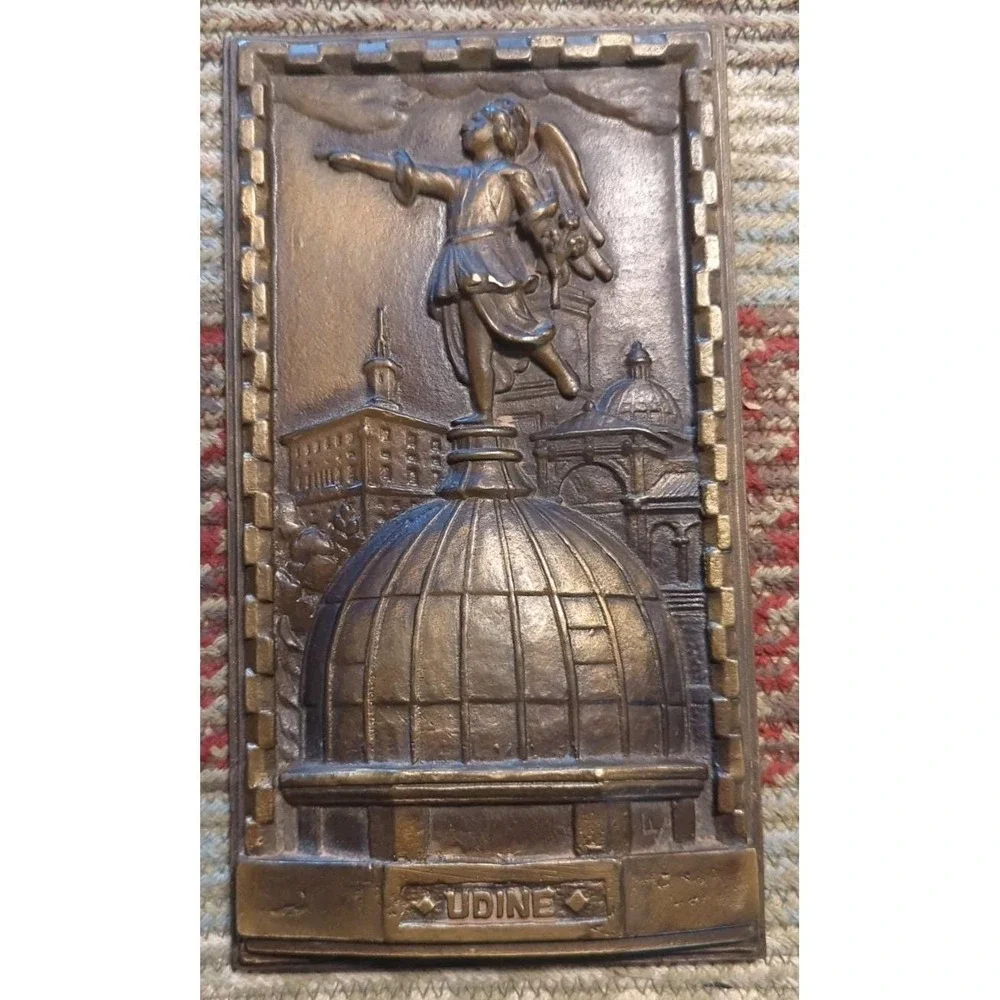 Antique Brass Bronze Heavy Medal Plaque Salvage Piece 'Udine' Beautiful!